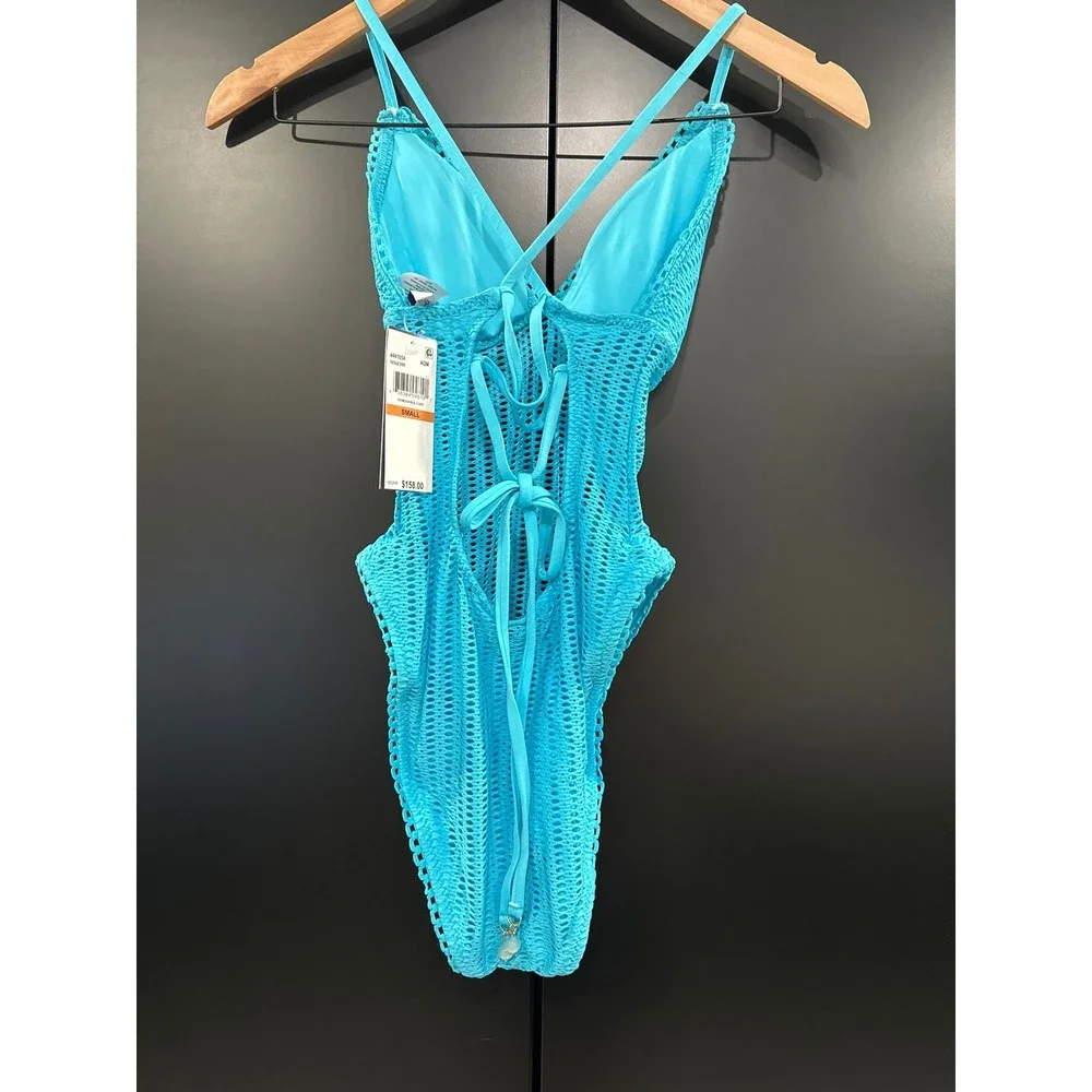 Isabella Rose Aqua Crochet Mesh Lace Up One Piece Swimsuit AQM 085683MR Small - Picture 4 of 6